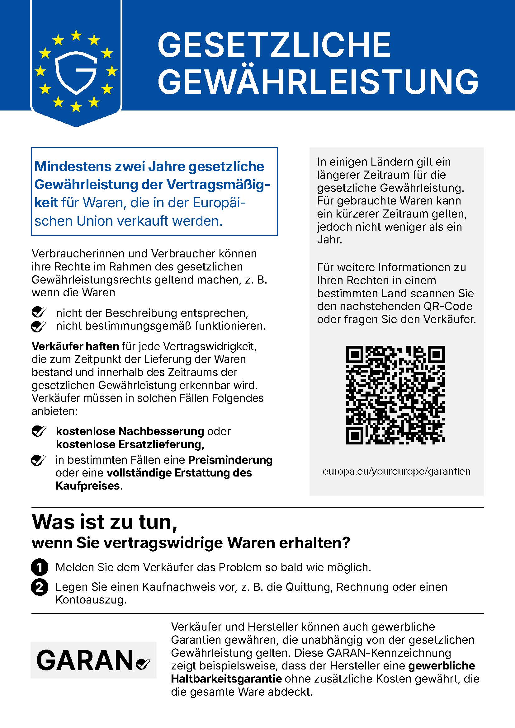 Hinweis zur gesetzlichen Gewährleistung: Sie haben als Verbraucher ein gesetzliches Gewährleistungsrecht von mindestens zwei Jahren bei Vertragswidrigkeit der Ware.